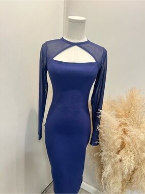 Elegant Navy Blue Long-Sleeve Sheer Panel Bodycon Dress